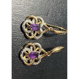 Stunning Vintage Gold Tones Amethyst Rhinestone Dangle Earrings